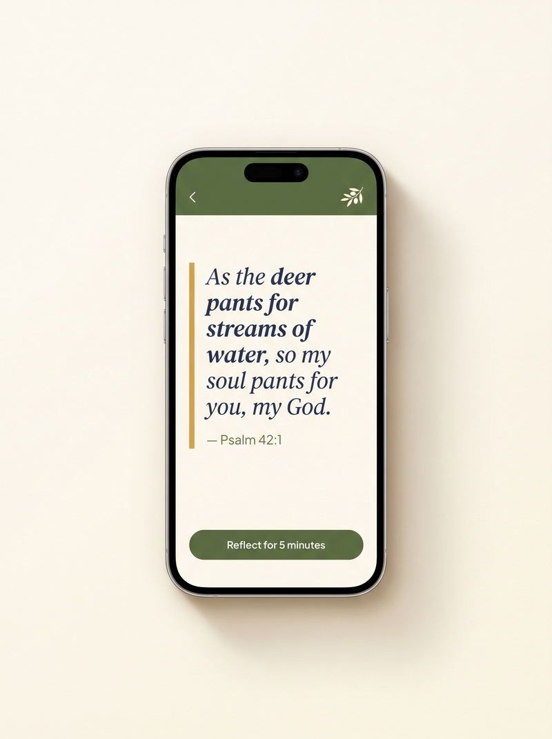 A Solomeh app screen showing the Verse of the Day, set in Fraunces italic with an amber rule on the left, citing Psalm 42:1, with the primary olive-green button reading 'Reflect for 5 minutes' below it.