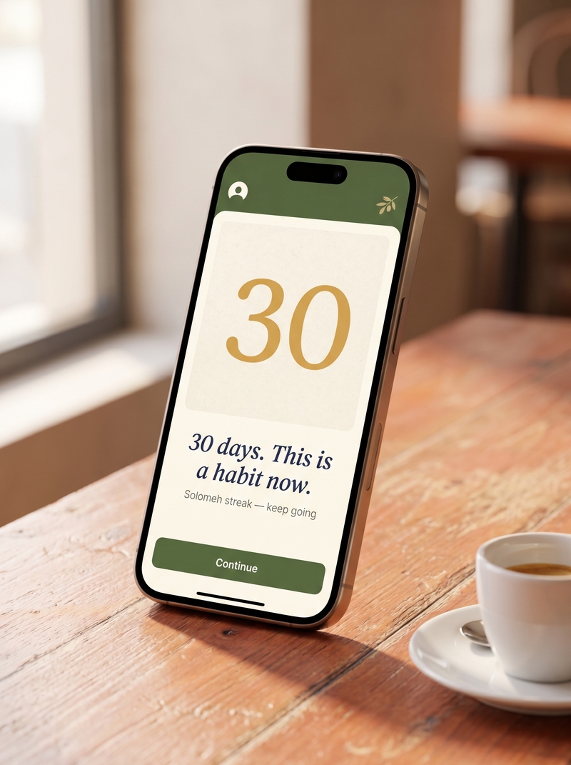 A Solomeh app screen on a phone resting on a wooden café table. The screen celebrates a 30-day streak with the headline '30 days, this is a habit now' set in Fraunces serif italic, an amber numeral, and a soft papyrus background.